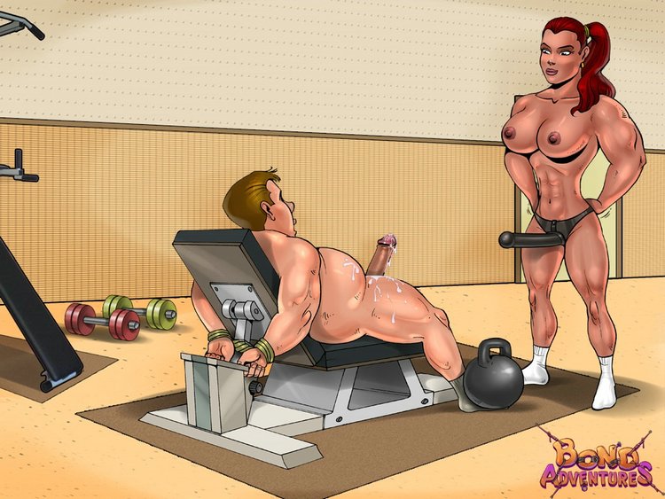 the red amazon tied the naked man to the sports exercise machine